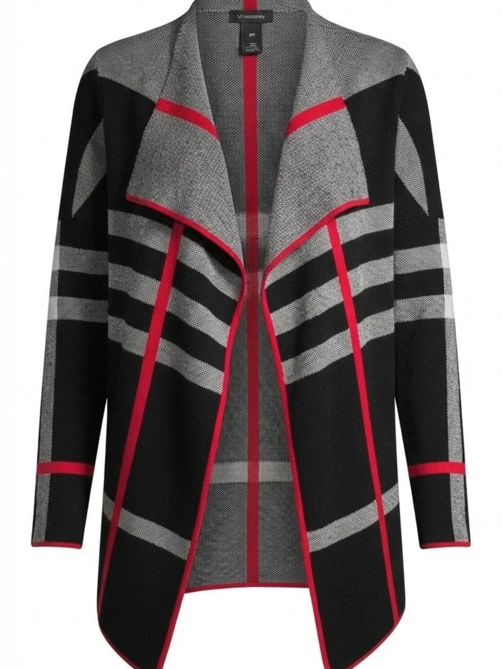 Vince Camuto Black, Gray & Red Open-Front Geometric Cardigan